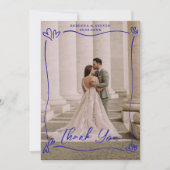 Wedding Photo Blue Doodle Heart Overprint Border Dankeskarte (Vorderseite)