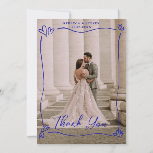 Wedding Photo Blue Doodle Heart Overprint Border Dankeskarte (Vorderseite)
