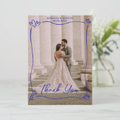 Wedding Photo Blue Doodle Heart Overprint Border Dankeskarte (Stehend Vorderseite)
