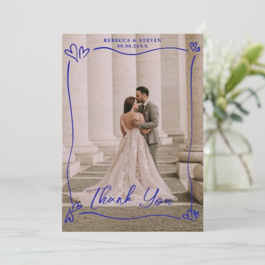 Wedding Photo Blue Doodle Heart Overprint Border Dankeskarte (Stehend Vorderseite)