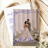 Wedding Photo Blue Doodle Heart Overprint Border Dankeskarte