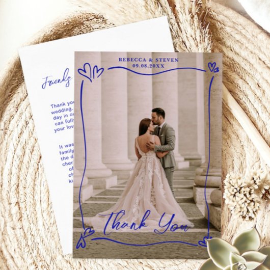 Wedding Photo Blue Doodle Heart Overprint Border Dankeskarte