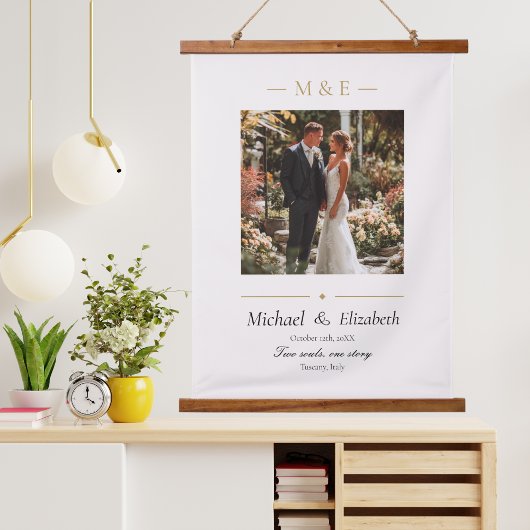 Wedding Photo Elegant Cream Gold Modern Custom Wandteppich Mit Holzrahmen