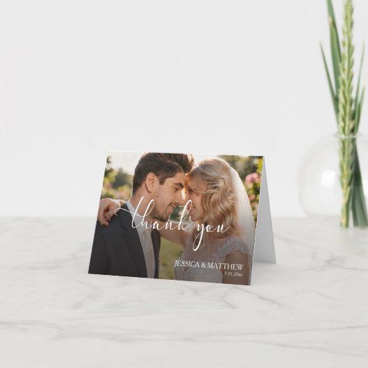 Wedding Photo Gradient Calligraphy Script Dankeskarte (Vorderseite)