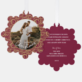 Wedding Photo on Gold Swirl Cranberry Christmas  Ornament Karte