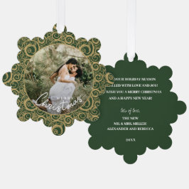 Wedding Photo on Gold Swirl Green Christmas  Ornament Karte