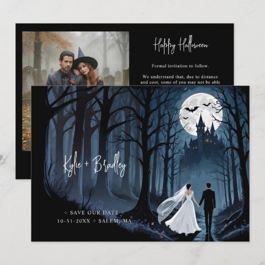 Wedding Photo & QR Haunted Castle Gothic Save The Date (Vorne/Hinten)