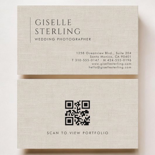 Wedding Photographer Luxury Neutral Linen QR Code Visitenkarte
