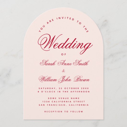 Wedding Pink Arch Red Script Simple Calligraphy  Einladung (Vorderseite)