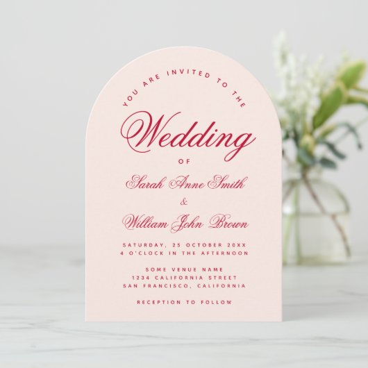 Wedding Pink Arch Red Script Simple Calligraphy  Einladung (Stehend Vorderseite)