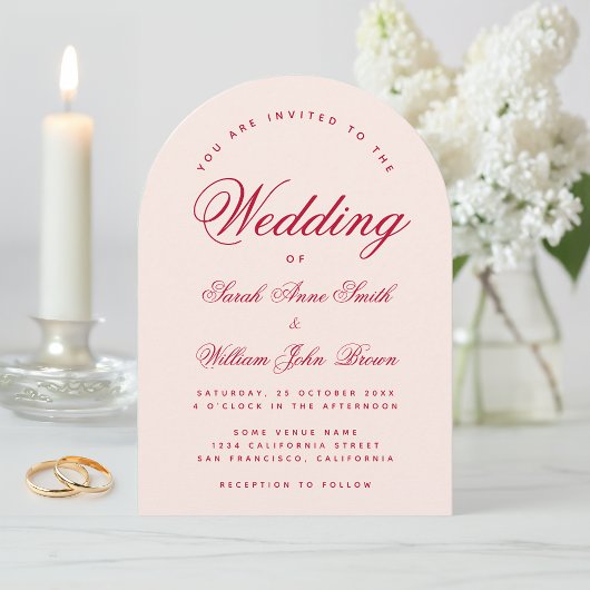 Wedding Pink Arch Red Script Simple Calligraphy  Einladung