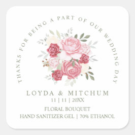 Wedding Pink Floral Bouquet Wedding Sanitizer Gel Quadratischer Aufkleber