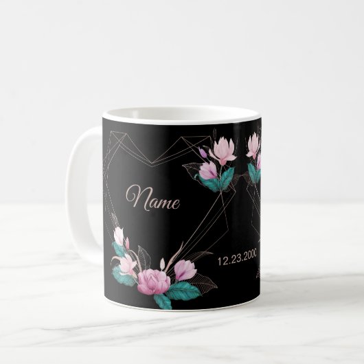 Wedding Pink Floral Golden Geometric Elegant Black Kaffeetasse (Vorderseite Links)