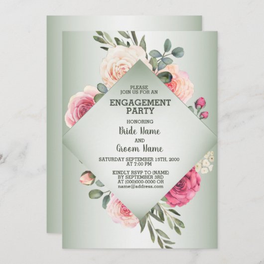 Wedding Pink Floral Rustic Green Engagement Party Einladung (Vorne/Hinten)