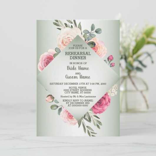 Wedding Pink Floral Rustic Green Rehearsal Dinner Einladung (Stehend Vorderseite)