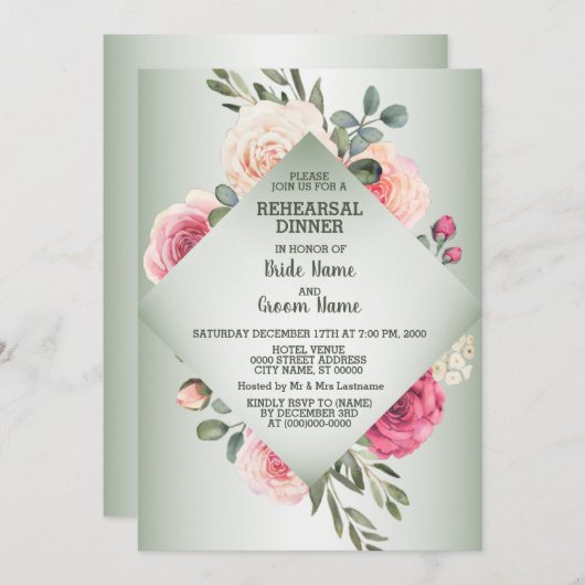 Wedding Pink Floral Rustic Green Rehearsal Dinner Einladung (Vorne/Hinten)
