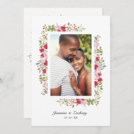 Wedding Pink & Red Shades Flowers & Branches Photo Einladung (Vorne/Hinten)