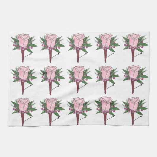Wedding Pink Rose Boutonniere Bouquet Blumengroom Handtuch (Horizontal)