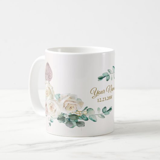 Wedding Pink Rose Watercolor Golden Dusty Party Kaffeetasse (Vorderseite Links)
