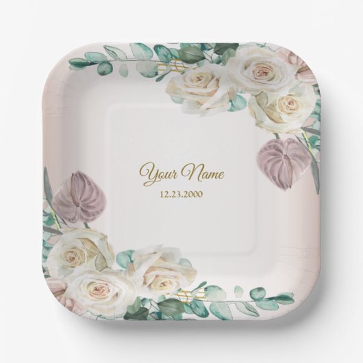 Wedding Pink Rose Watercolor Golden Dusty Party Pappteller (Vorderseite)