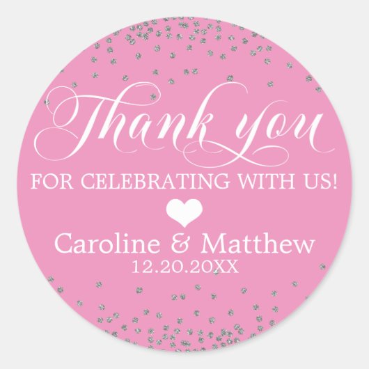 Wedding Pink Sprinkle Sparkle Silver DANKE Runder Aufkleber (Vorderseite)