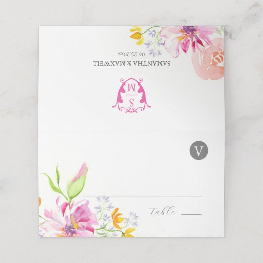 Wedding Place Cards Monogram Pink Flowers Platzkarte (Außenseite Aufgefaltet)