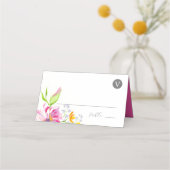 Wedding Place Cards Monogram Pink Flowers Platzkarte (Vorderseite)