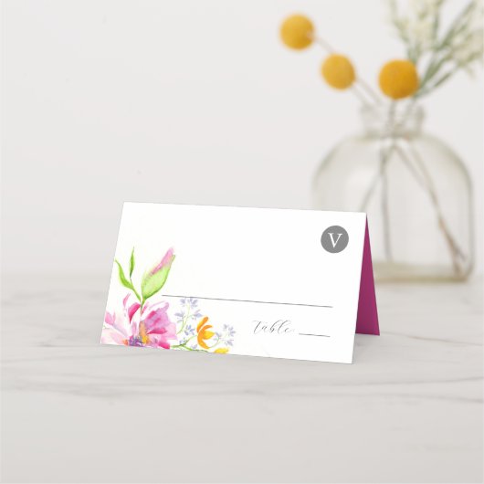 Wedding Place Cards Monogram Pink Flowers Platzkarte (Vorderseite)