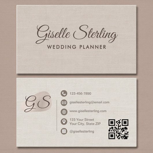 Wedding Planner Beige Linen Modern Elegant QR Code Visitenkarte