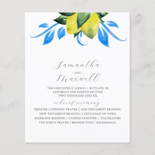Wedding Program Botanical Lemons Leaves (Vorderseite)