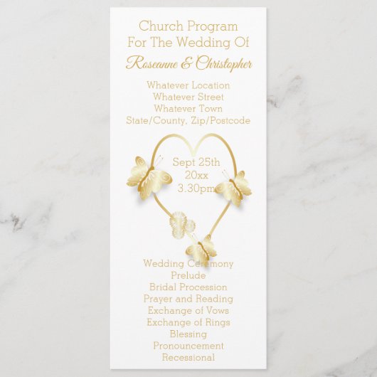 Wedding Program Gold Coloured Heart Butterfly Programm (Vorderseite)