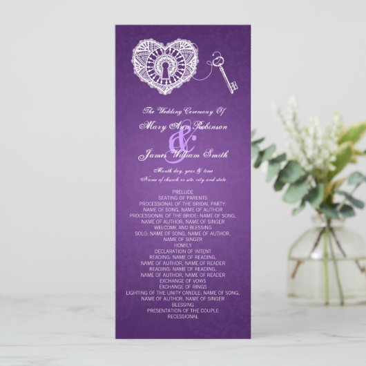 Wedding Program Key To My Heart Purple Programm (Stehend Vorderseite)