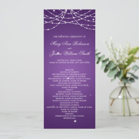 Wedding Program Sparkling String Lila Programm (Stehend Vorderseite)