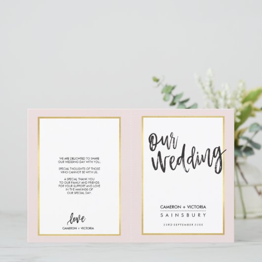 WEDDING-PROGRAMM mit gebürstetem Goldrahmen rosa (Stehend Vorderseite)