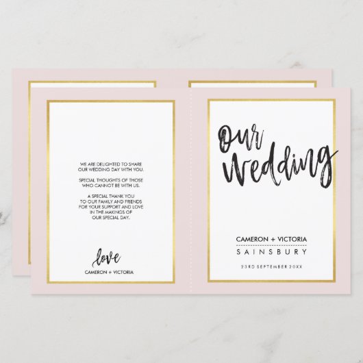 WEDDING-PROGRAMM mit gebürstetem Goldrahmen rosa (Vorne/Hinten)