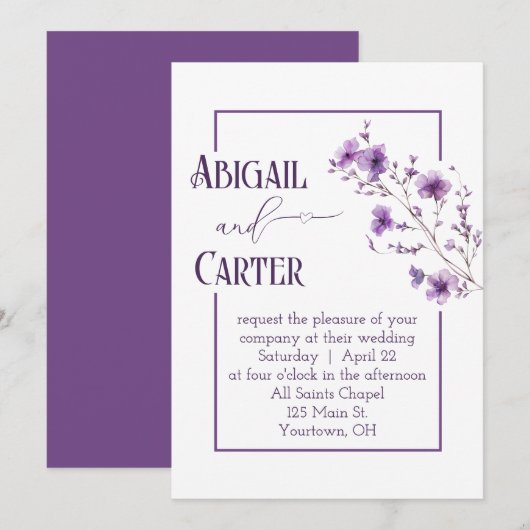 Wedding Purple Floral Frame On White Einladung (Vorne/Hinten)
