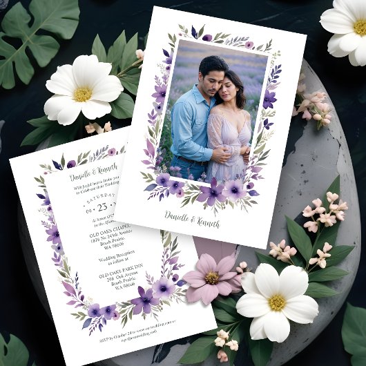 Wedding Purple Shades Flowers Branches Photo Einladung