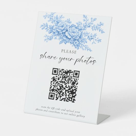 Wedding QR Code Sign Blue Floral Share Photos Sockelschild (Vorderseite)