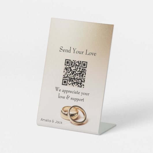 Wedding QR Pedestal Sign – Elegant Gold Rings Sockelschild (Vorderseite)