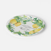 Wedding Reception Citrus Lemon Floral Leaf Wreath Pappteller (Schrägansicht)