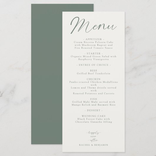 Wedding Reception Menu Elegant Script Sage Green Menükarte (Vorne/Hinten)