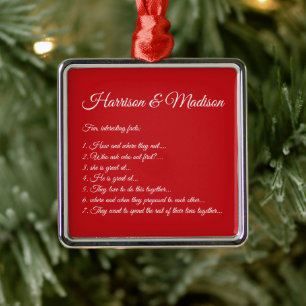 Wedding red Couple Fun Facts Custom Script names  Ornament Aus Metall