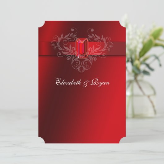 Wedding Red Satin Ribbon Sparkling Ruby Einladung (Stehend Vorderseite)
