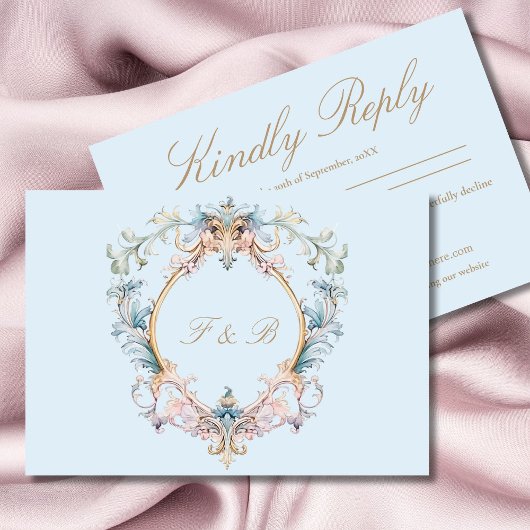 Wedding Regency Era Blue Monogram Elegant Wedding RSVP Karte