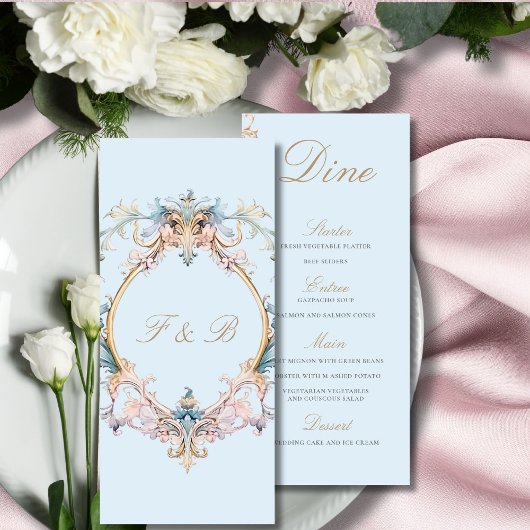 Wedding Regency Era Blue Monogram Monogram Menu Menükarte