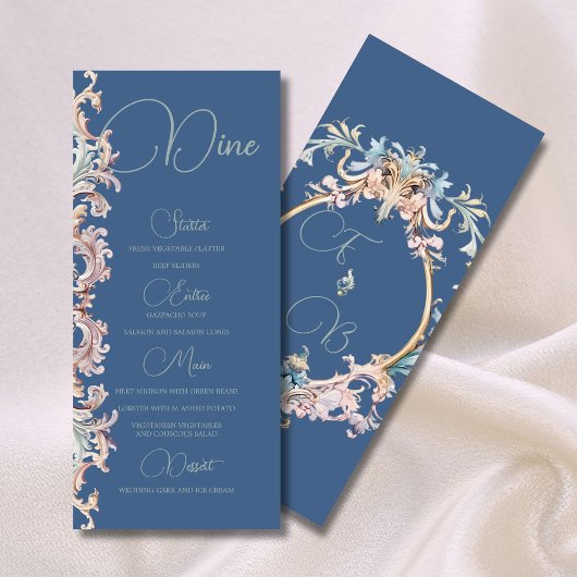 Wedding Regency Era Dusty Blue Monogram Menu Menükarte