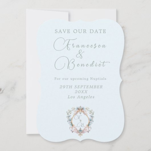 Wedding Regency Silhouette Blue Monogram Save The Date (Vorderseite)