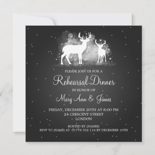 Wedding Rehearsal Dinner Winter Deer Sparkle Black Einladung (Vorderseite)