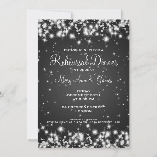 Wedding Rehearsal Dinner Winter Sparkle Black Einladung (Vorderseite)