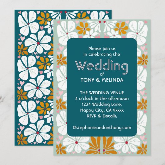 Wedding Retro Blume Groovy 70er Boho Einladung (Vorne/Hinten)